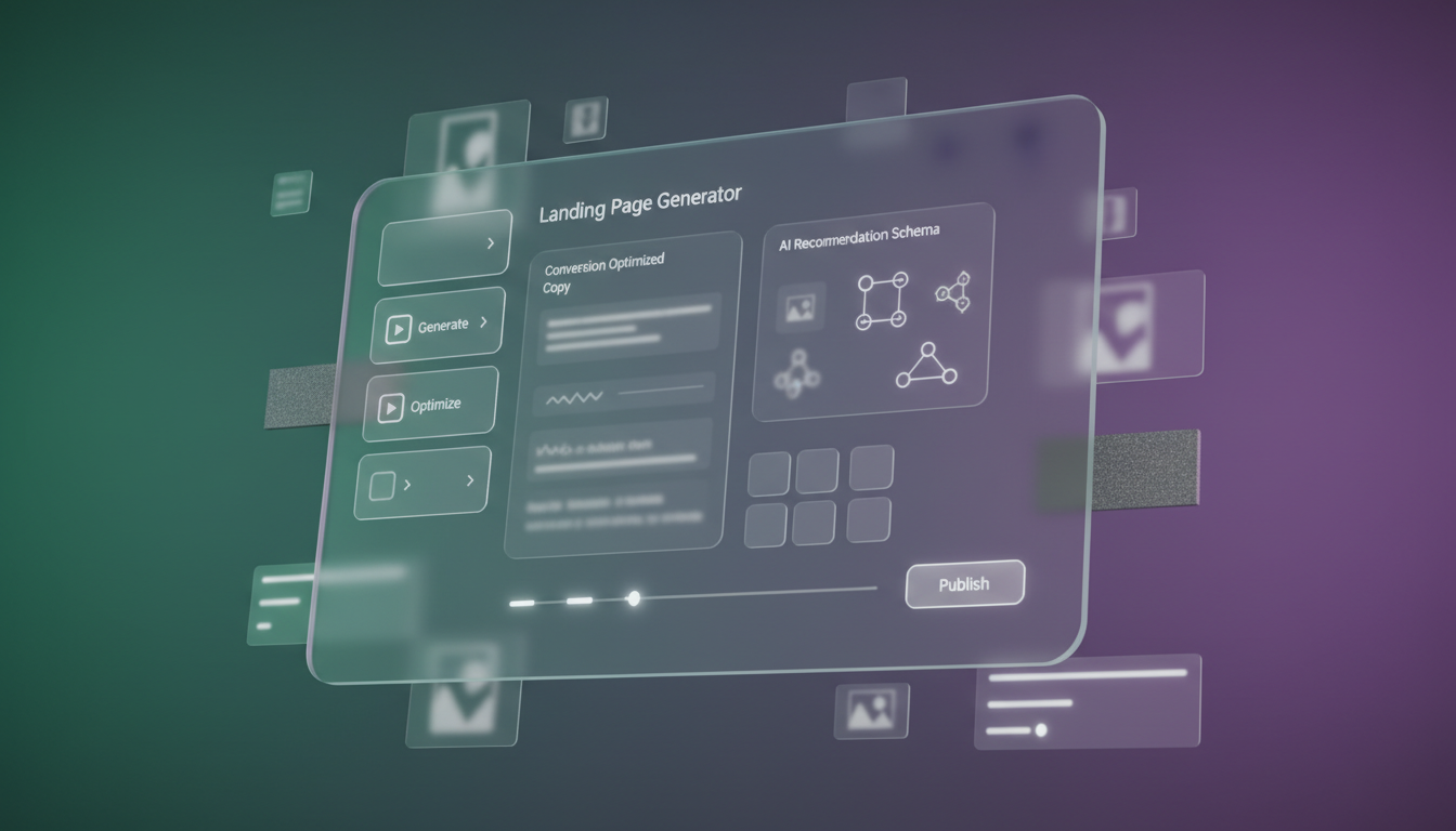 AI Landing Page Generator assembling conversion-optimized wireframes with schema markup and CTA blocks