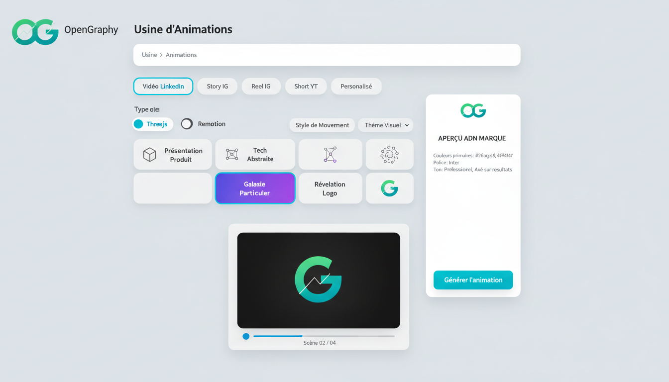 Animation Factory rendering Three.js particle galaxy and Remotion logo reveal with platform presets