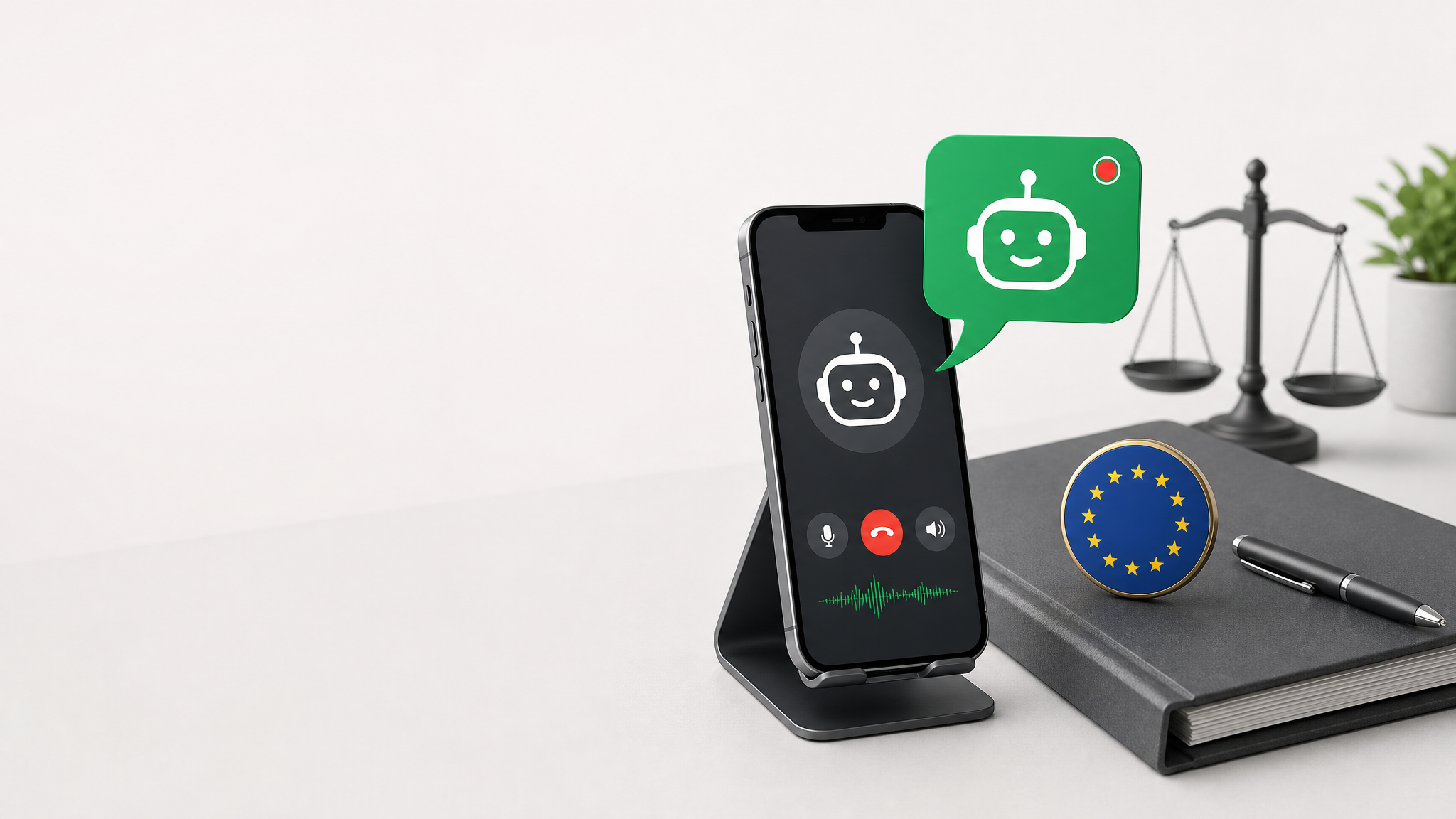 Smartphone affichant un assistant vocal IA, accompagné d’un pictogramme de chatbot et de symboles liés à la réglementation européenne