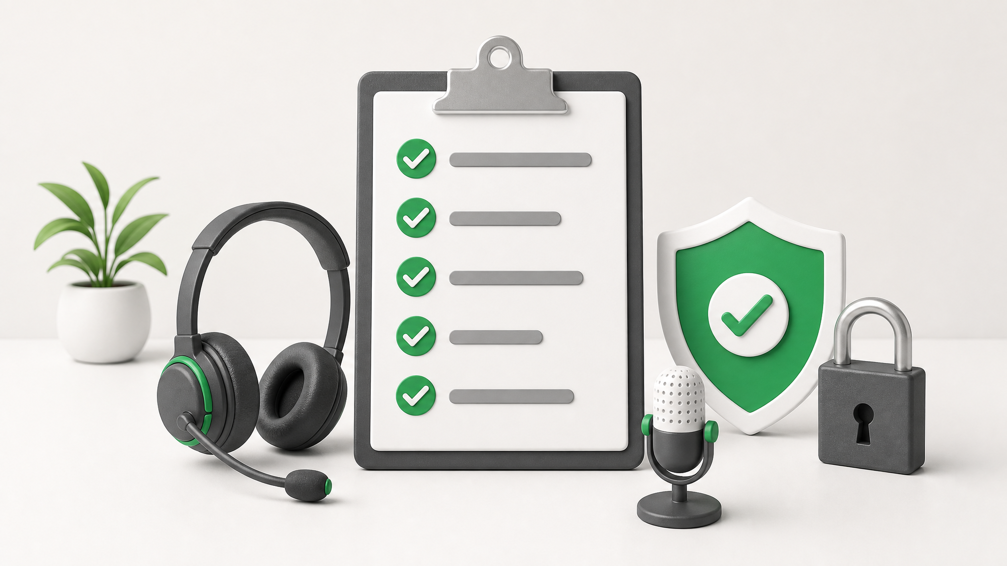 Illustration 3D d’une checklist de conformité accompagnée d’un casque, d’un microphone, d’un bouclier de validation et d’un cadenas, symbolisant le contrôle, la sécurité et la vérification