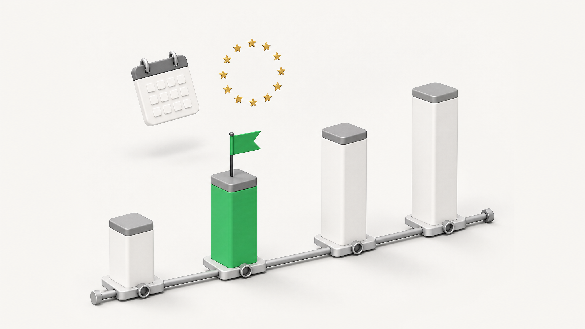 Illustration 3D d’une progression par étapes avec plusieurs jalons verticaux, un objectif marqué en vert et des symboles liés au calendrier et à l’Union européenne