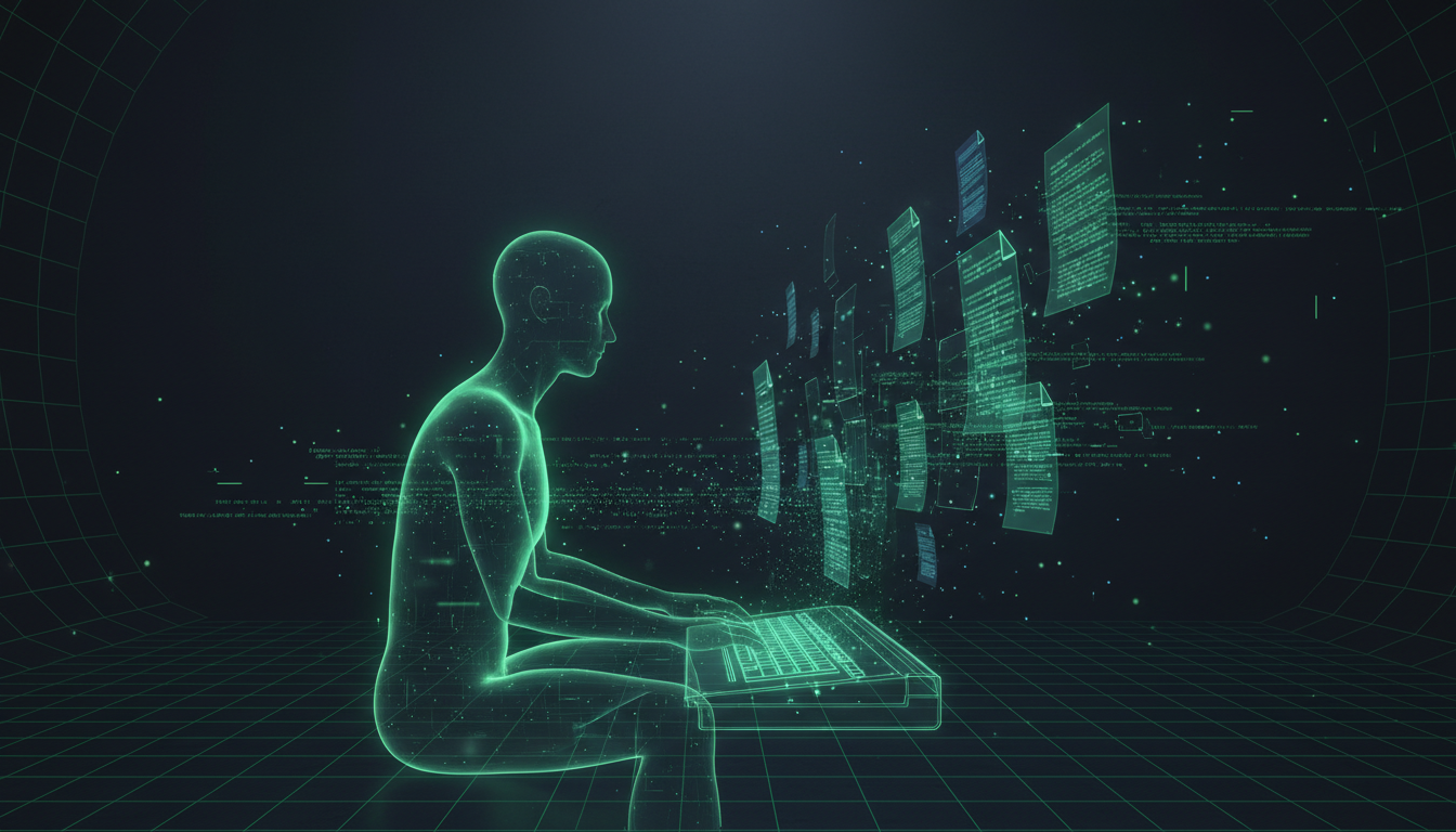 Delegate long-form writing to AI AI Writing Agent silhouette composing long-form articles through a multi-step quality-scored content pipeline