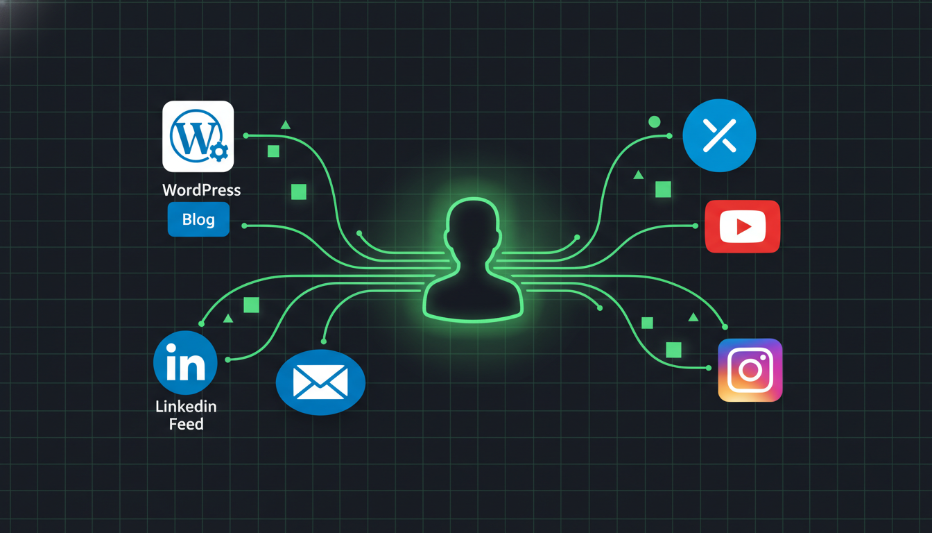 Distribute content across every channel AI Publishing Agents distributing content across WordPress, LinkedIn, email, YouTube, and social platforms