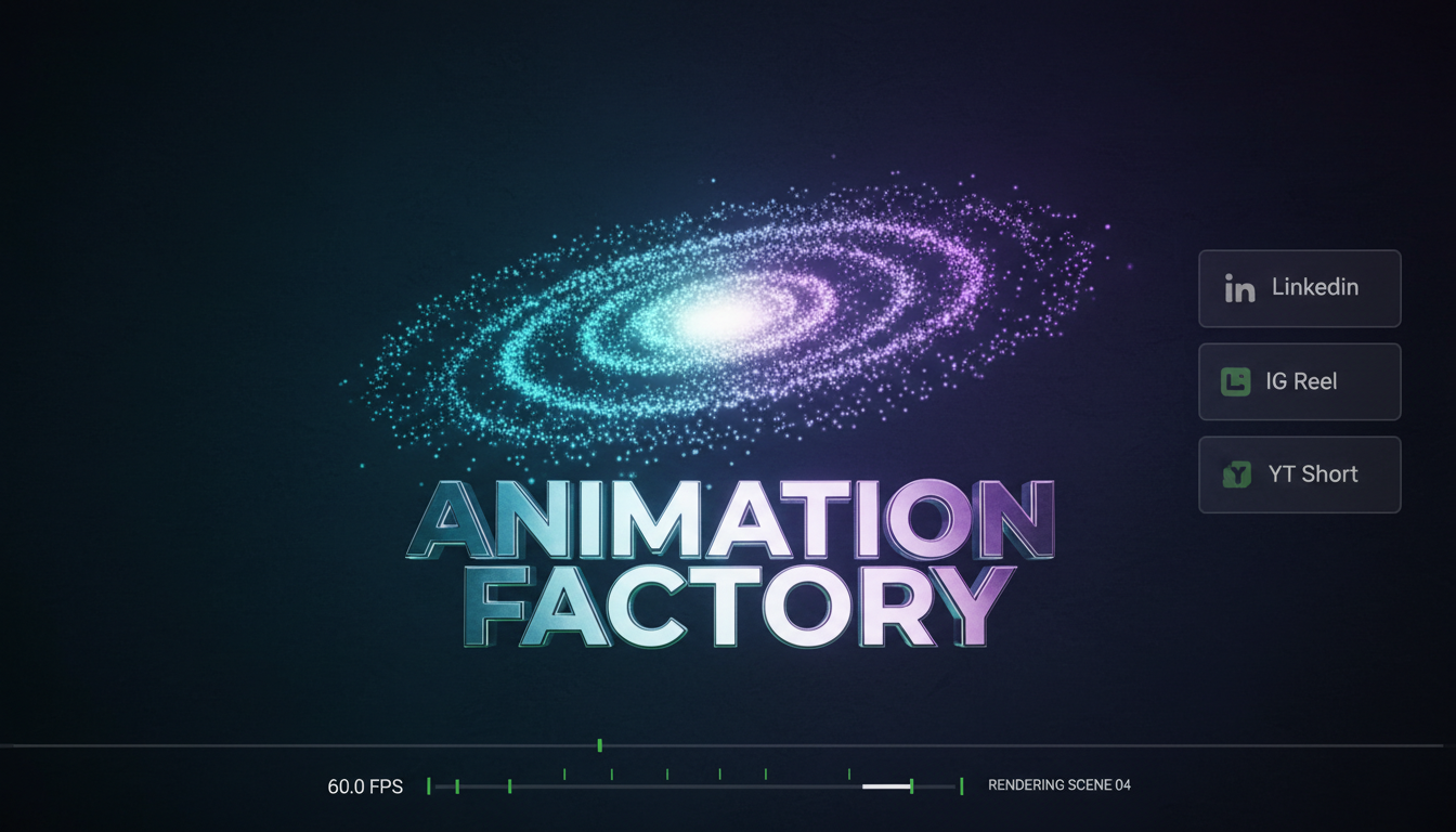 Generate Three.js and Remotion animations Animation Factory rendering Three.js particle galaxy and Remotion logo reveal with platform presets