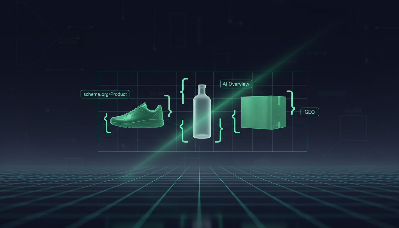 E-commerce AI visibility - luminous product grid with structured data brackets and AI recommendation beam