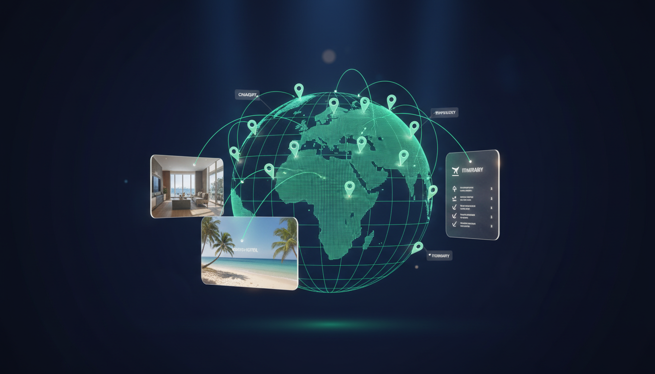 Travel & Hospitality AI visibility - luminous globe with arcing flight paths, glowing destination pins, and floating hotel icons