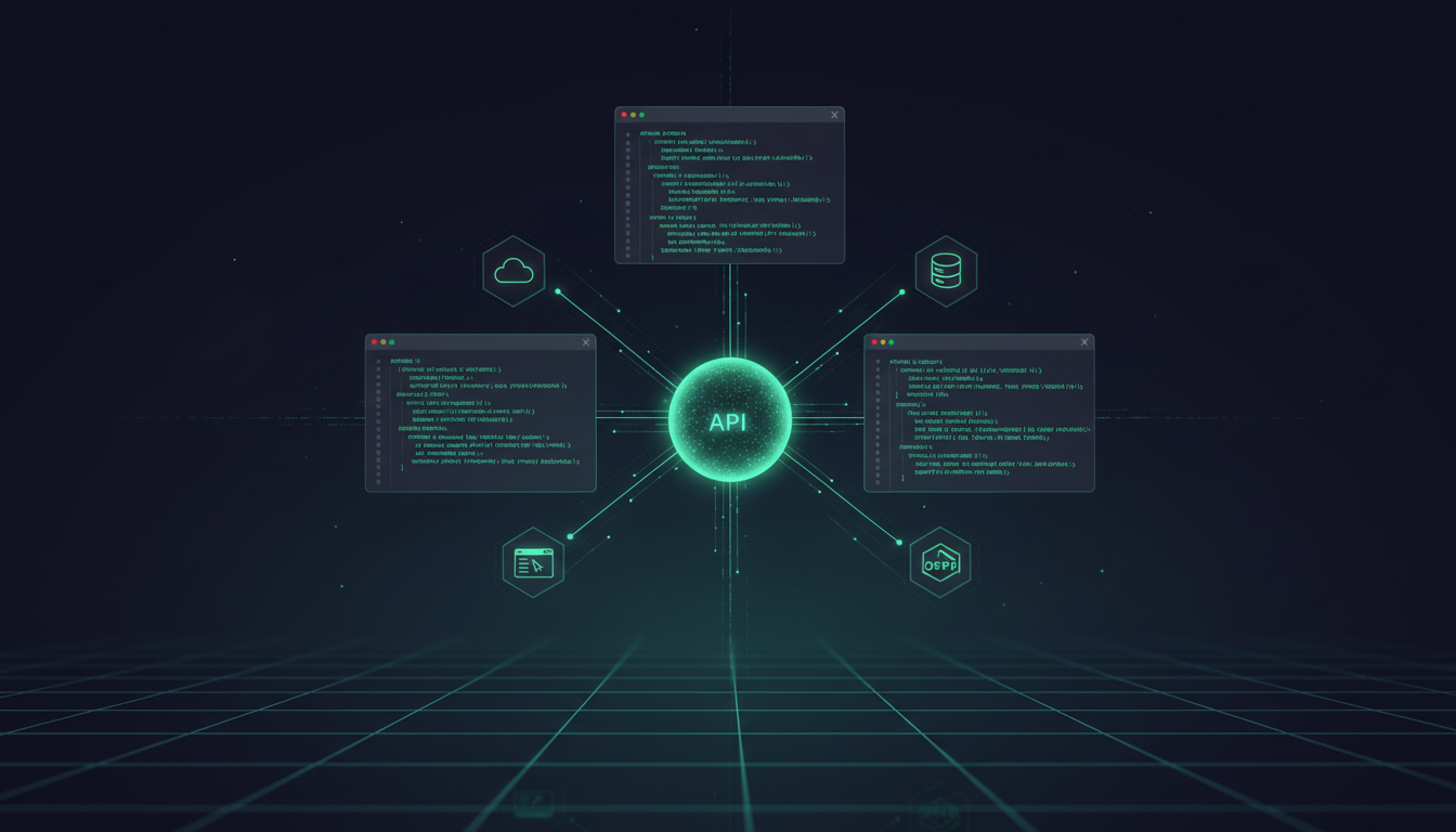 SaaS / Tech AI visibility - floating code editor windows, glowing API hub, and integration nodes connected by emerald data flows
