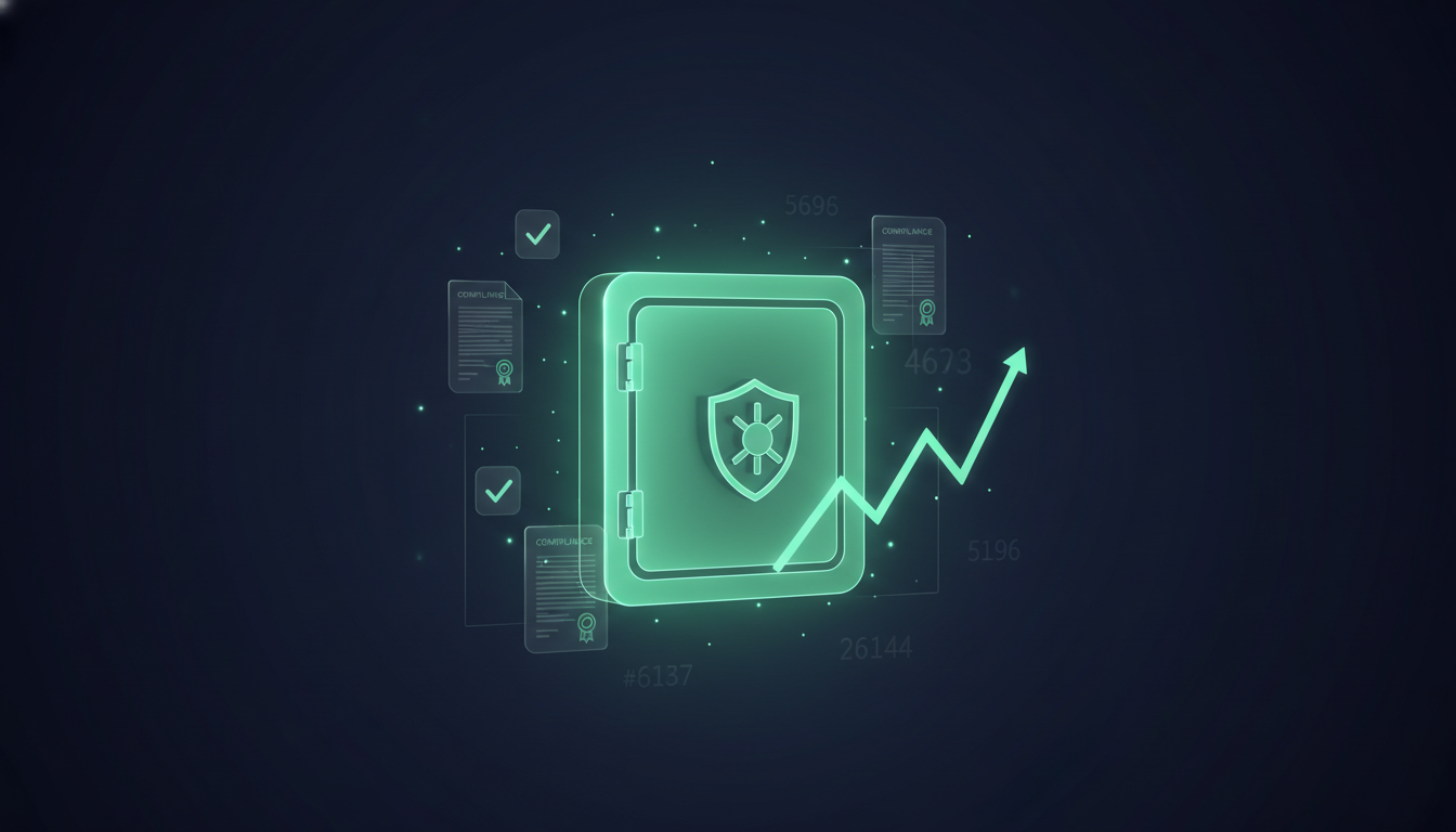 Finance & Insurance AI visibility - luminous secure vault with shield emblem, compliance documents bearing checkmark seals, and ascending chart