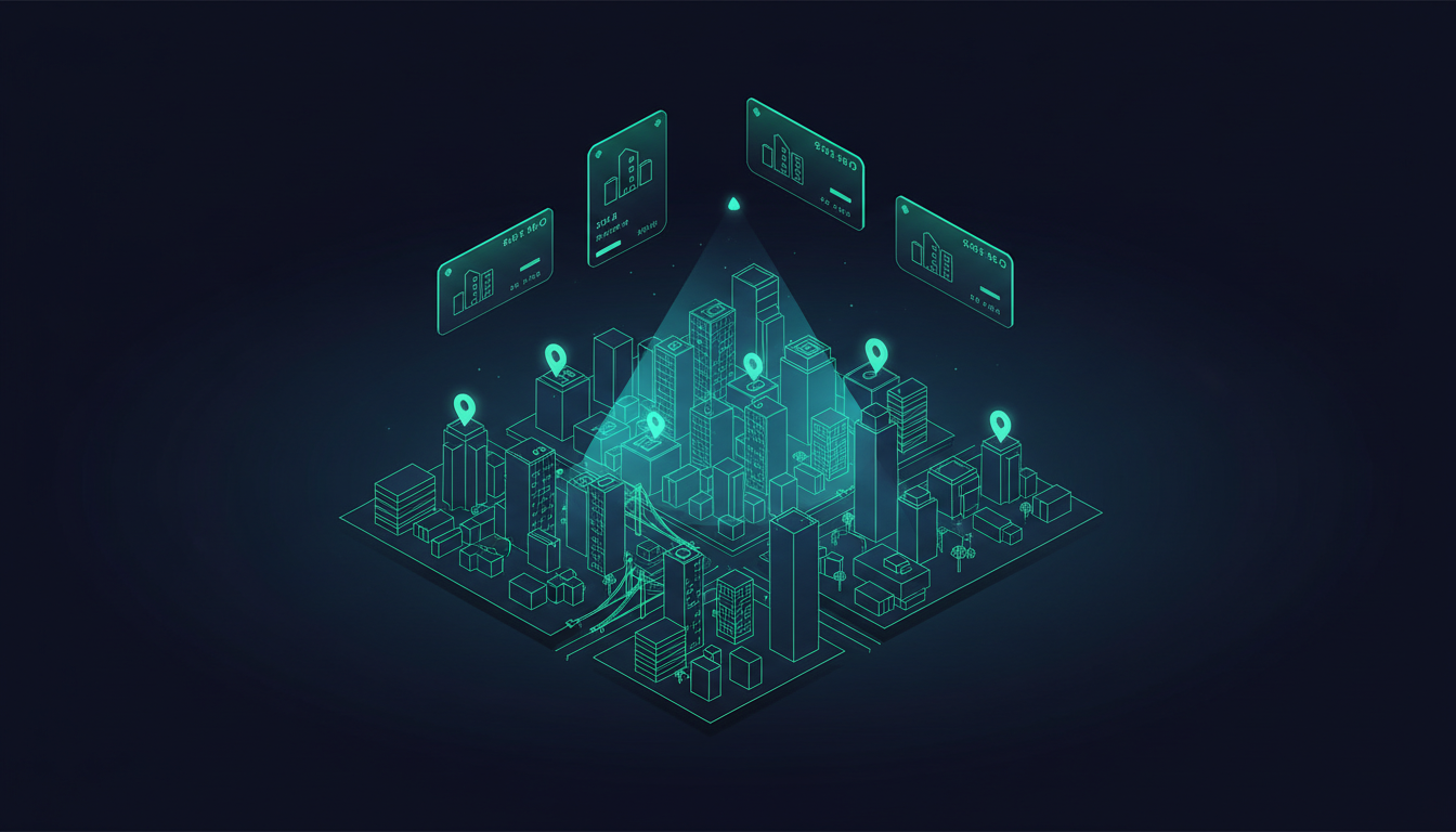 Real Estate AI visibility - luminous isometric cityscape with floating property listing cards, glowing location pins, and AI search beam