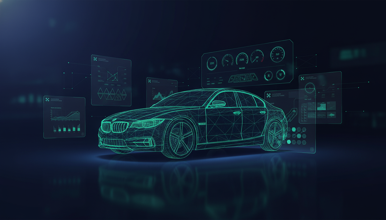 Automotive AI visibility - sleek emerald wireframe car silhouette with floating spec comparison cards and luminous dashboard HUD