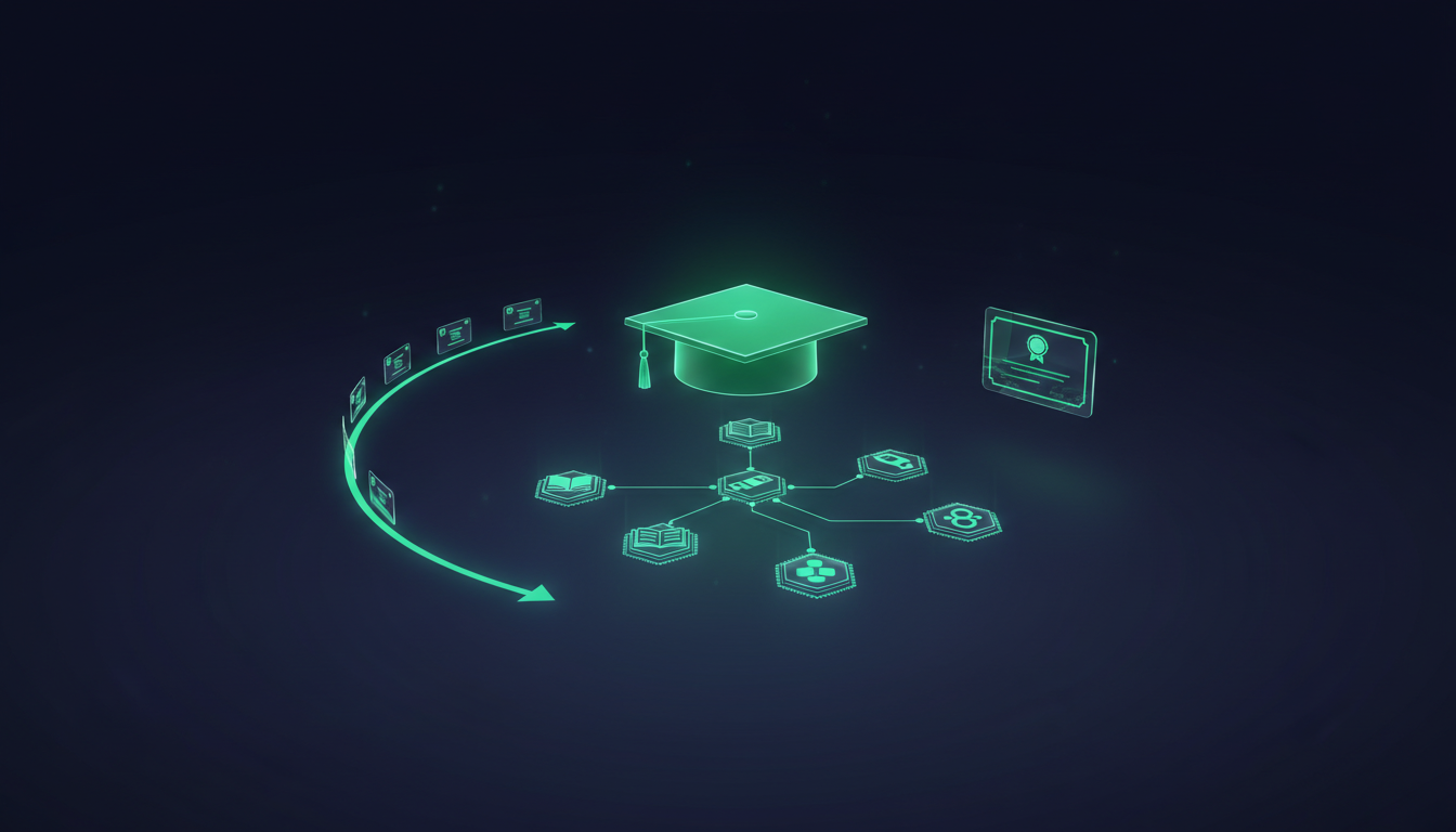 Education AI visibility - glowing graduation cap with luminous knowledge graph of book and course nodes, learning-path milestones, and certificate cards