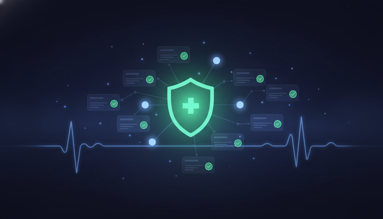 Healthcare AI visibility - glowing trust shield with medical cross, patient-journey nodes, compliant content cards with checkmark seals, and pulse-line waveform
