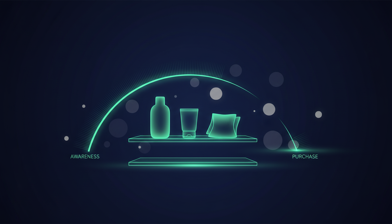 Consumer Brands & Retail AI visibility - luminous retail shelf with abstract products, lifestyle bokeh, and glowing shopper consideration arc