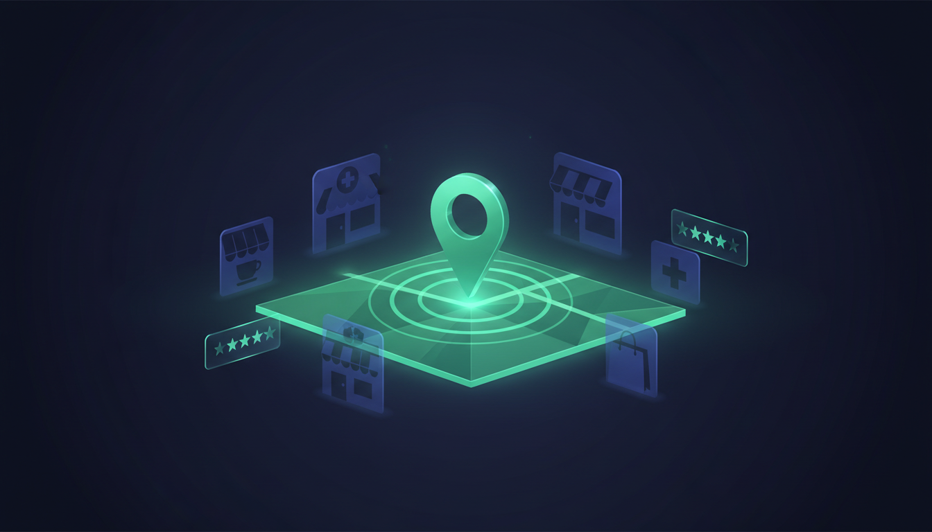 Local Businesses AI visibility - luminous neighborhood map with pulsing "near me" pin, radius rings, and surrounding storefront silhouettes