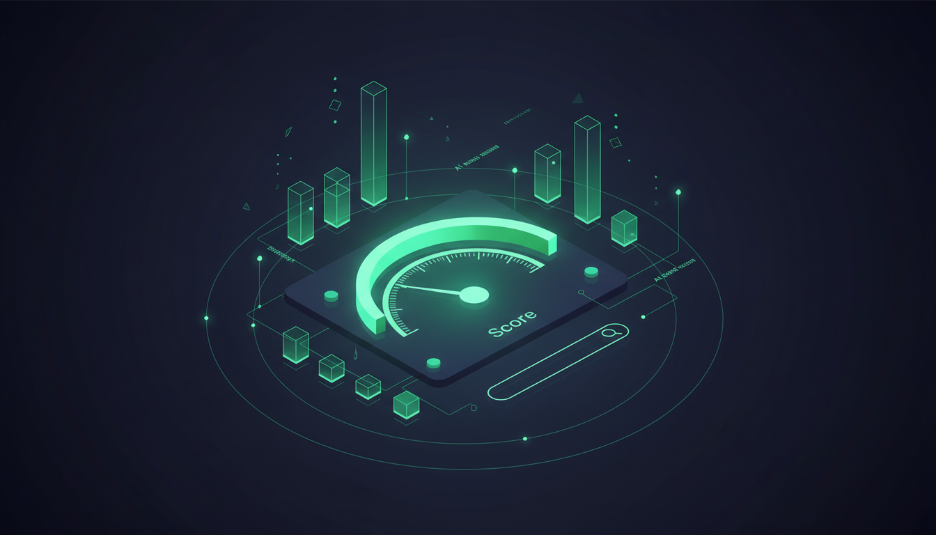 SEO Manager dashboard — luminous AI visibility score gauge, ranking columns, and AI-engine mention particles in OpenGraphy emerald and navy