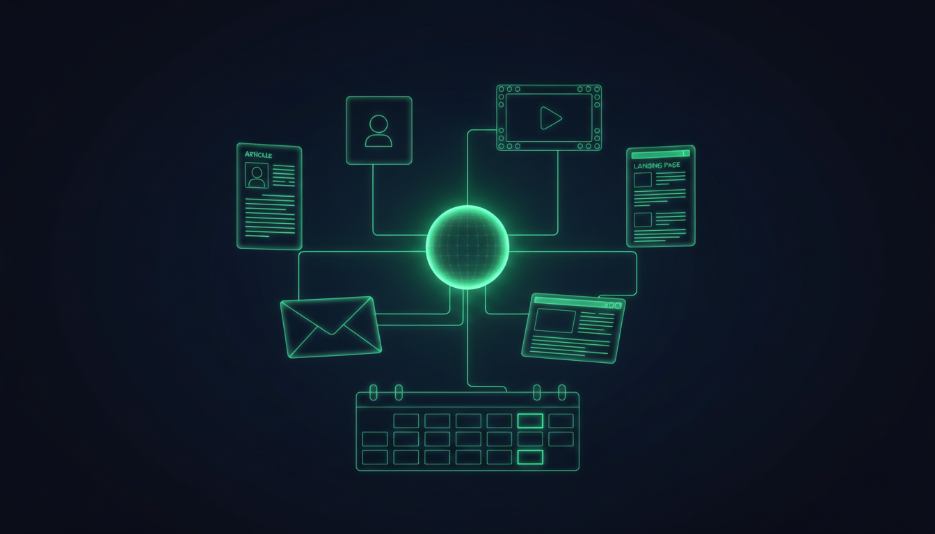 Content Manager workflow — luminous orchestrator hub linking article, social, video, email, and landing page cards above a calendar grid