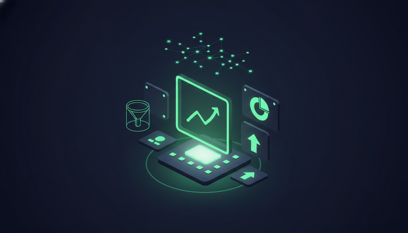 CMO command center — luminous KPI tile with upward trend curve, funnel and pie tiles, and multi-channel constellation