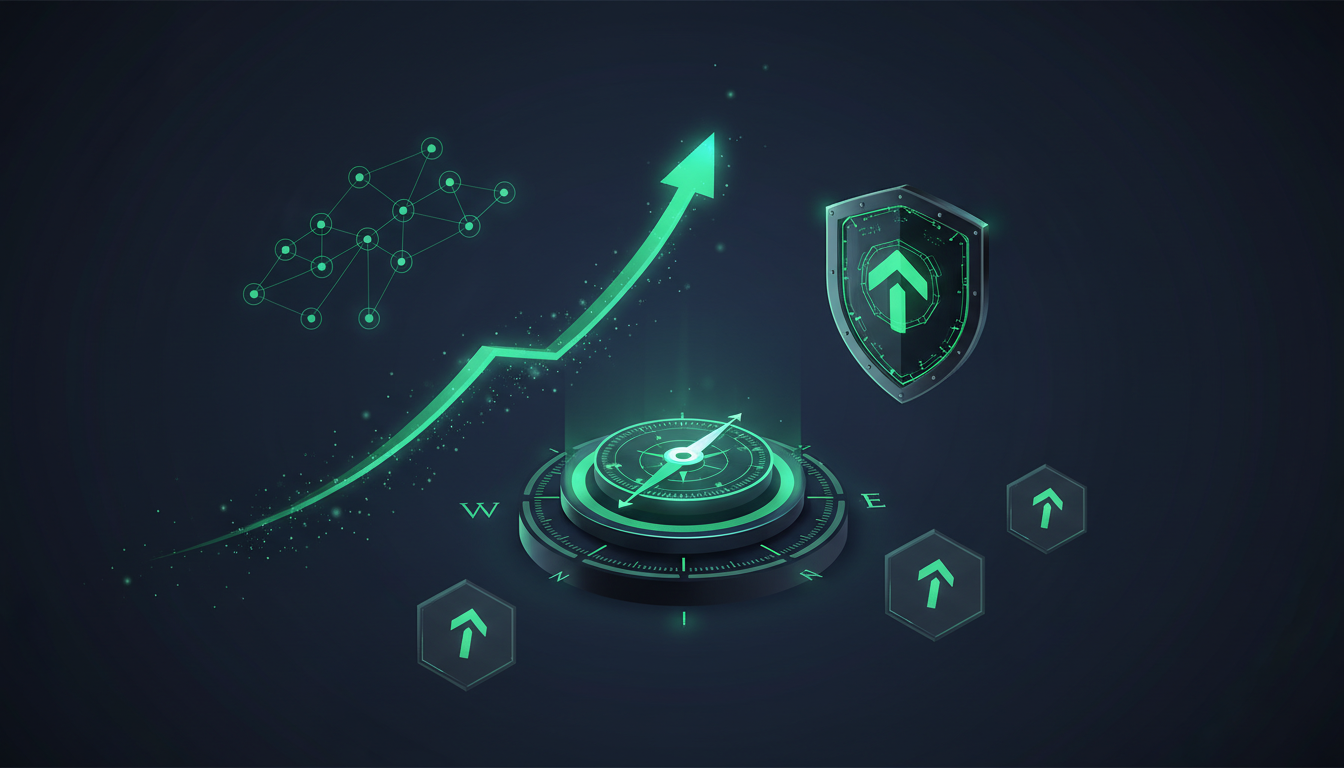 Founder / CEO vision dashboard — glowing strategic compass, ascending growth trajectory, brand-authority shield, and milestone constellation