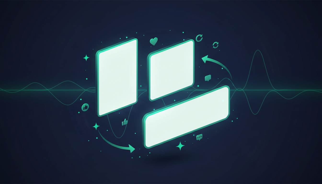 Social Media Manager workspace — floating reel, post, and carousel cards connected by scheduling arrows with engagement waveform