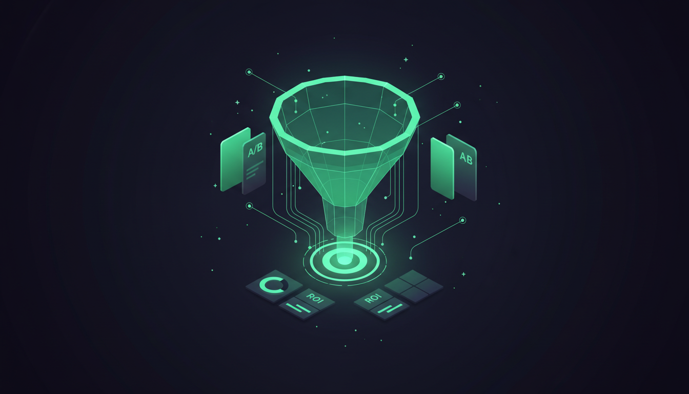 Performance Marketer scene — luminous conversion funnel narrowing to a target, A/B test card pair, and attribution flow lines
