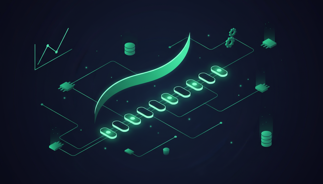 SaaS Teams scene — luminous product roadmap timeline, feature-launch ribbon, integration connector chips, and growth chart