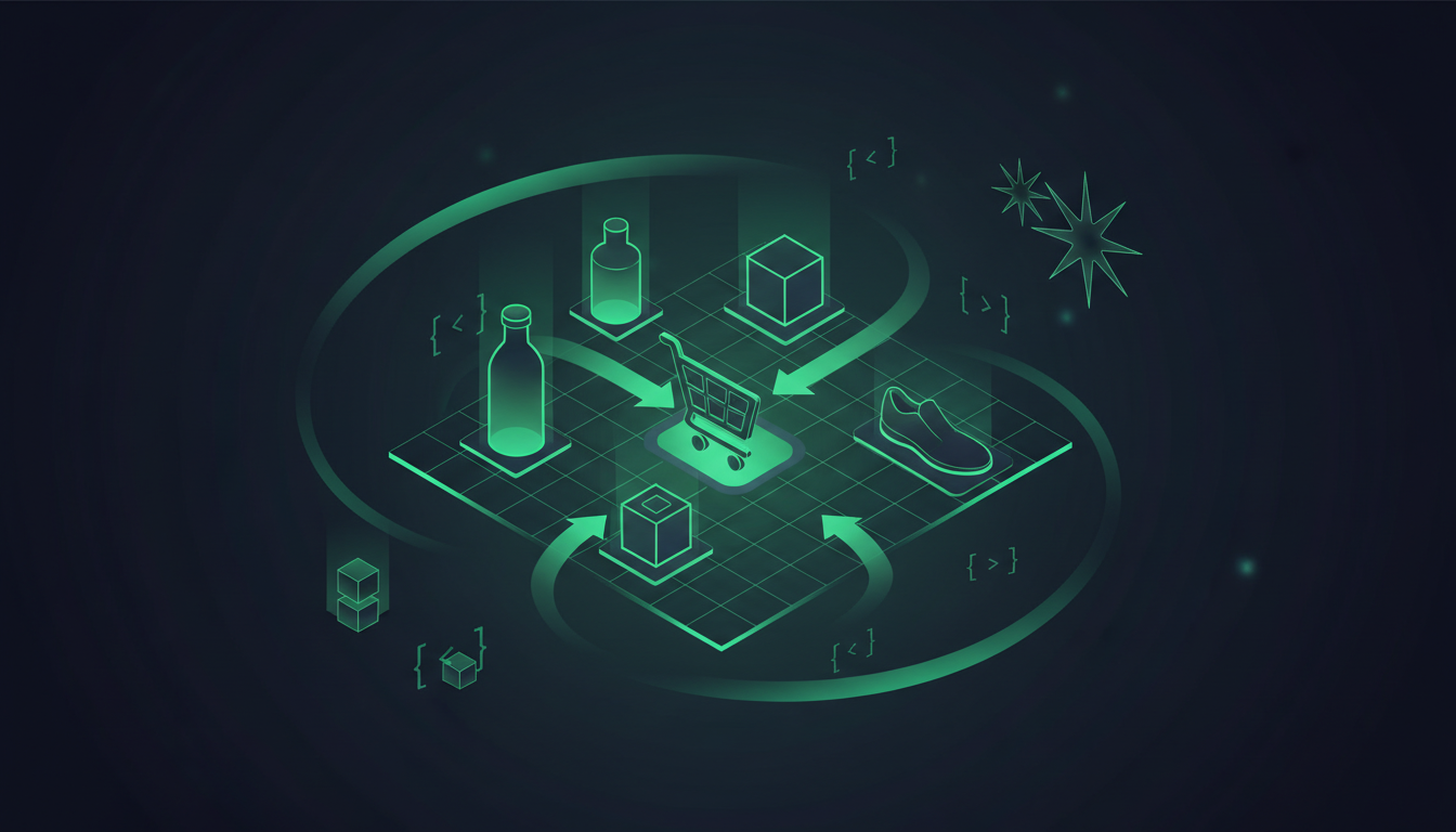 E-commerce Teams workspace — luminous product catalog grid, central shopping cart hub, inventory stack, and structured-data brackets