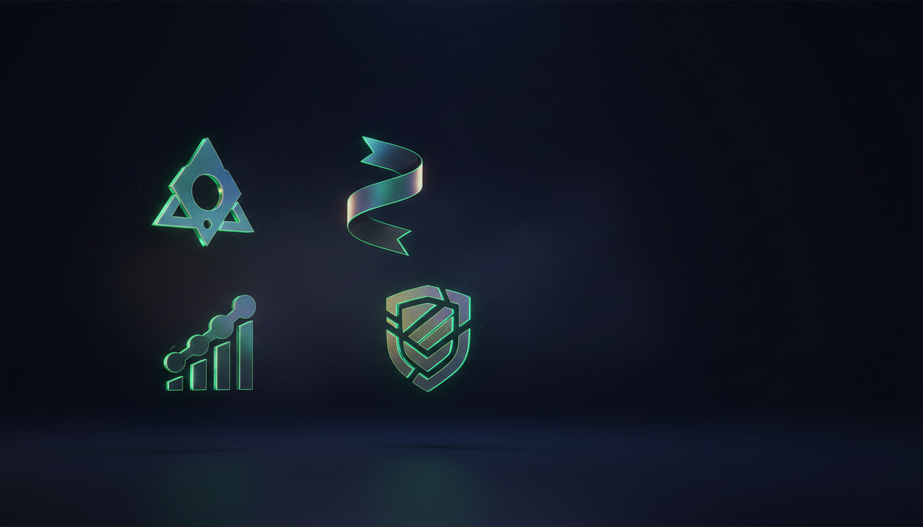 AI-generated abstract logo marks floating in a dark cinematic space with emerald green accents