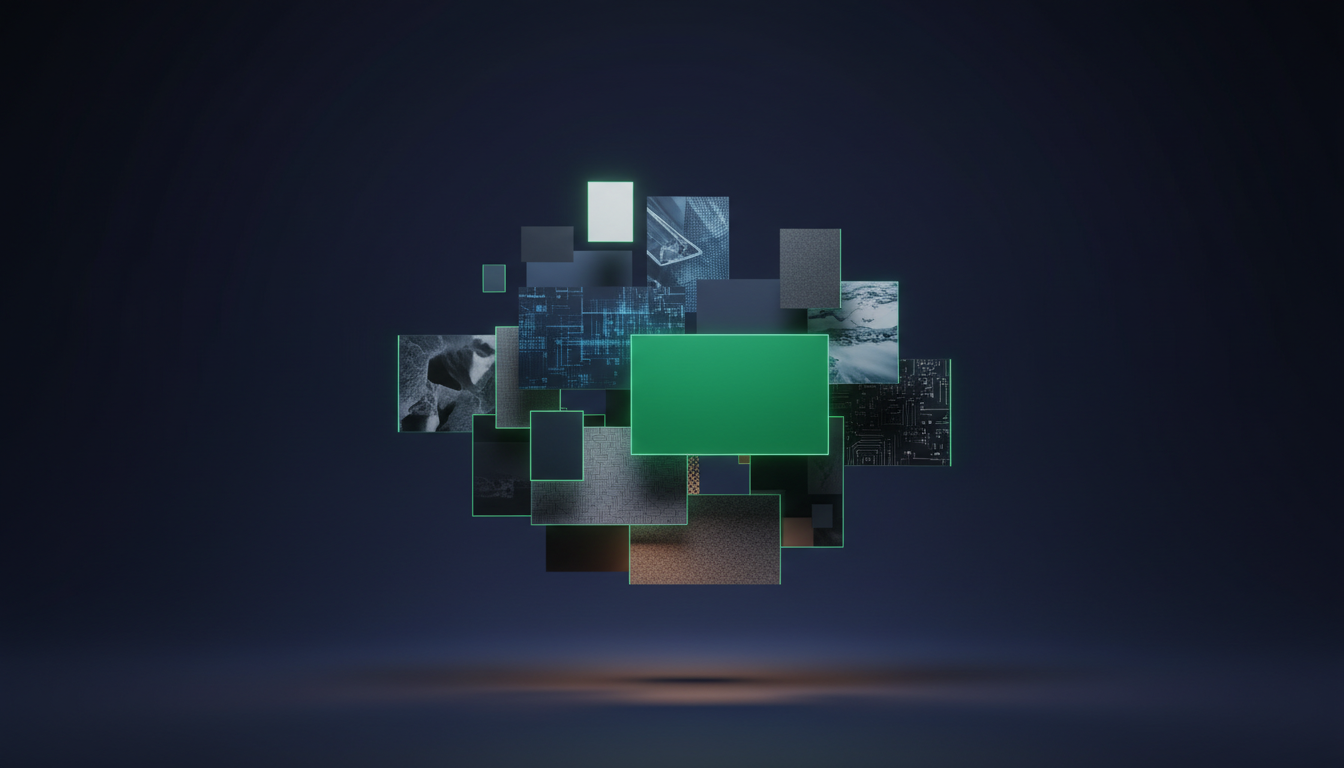 AI-generated brand identity moodboard with floating color swatches and texture cards on dark backdrop