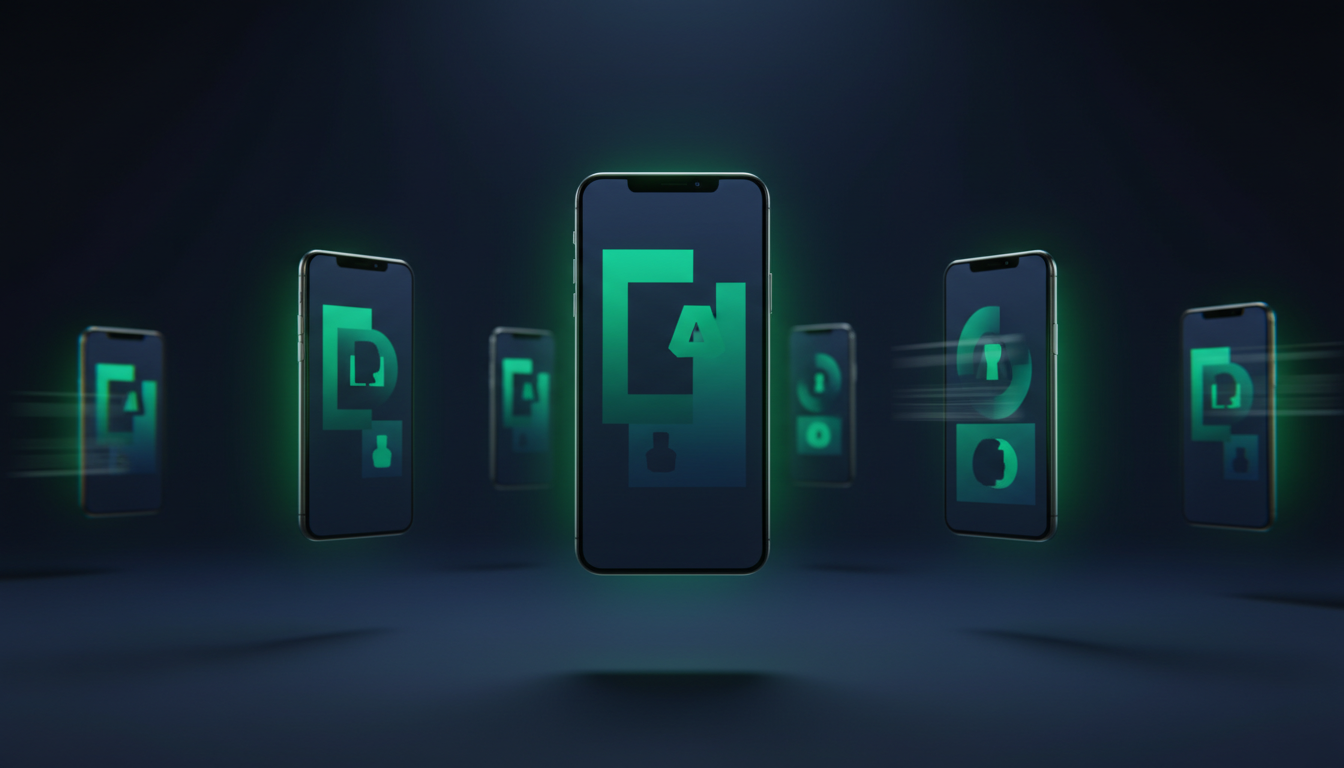 AI-generated social media ad creatives displayed on floating smartphones with emerald green glow