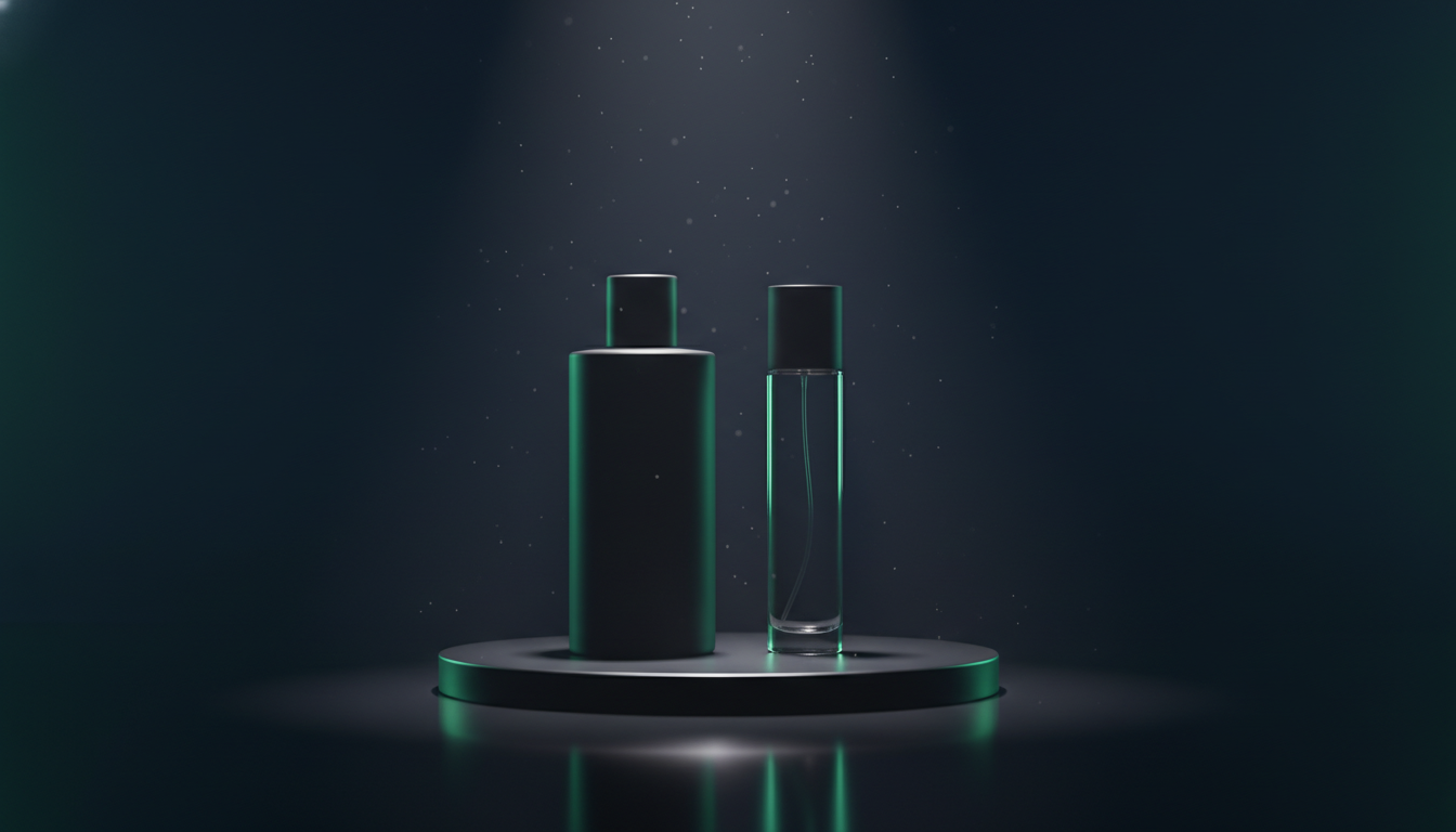 AI-generated premium product photography shot of bottle and flacon on a pedestal with cinematic lighting
