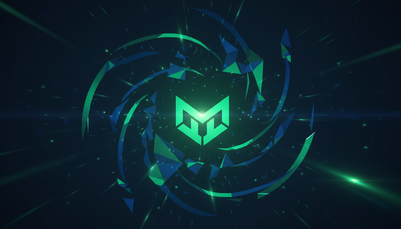 AI-generated animated logo reveal with particle trails and emerald green glow assembling around a brand mark