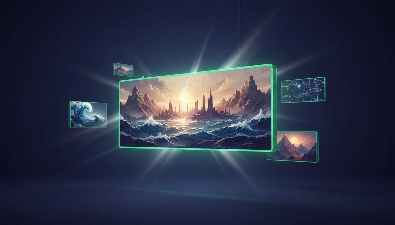 AI-generated cinematic hero banner of a futuristic landscape with smaller variant frames at parallax depth