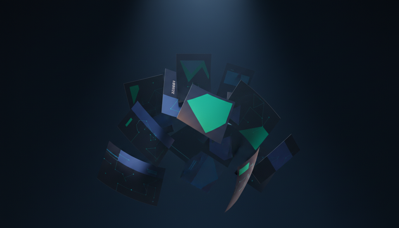 AI-generated cascade of premium printed flyers and posters with bold geometric layouts in dark space