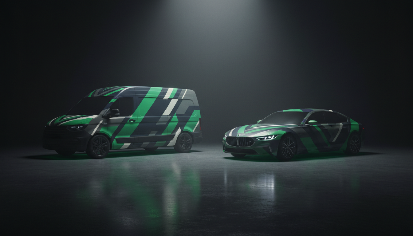 AI-generated photorealistic delivery van and sedan with emerald green wrap graphics in a dark studio