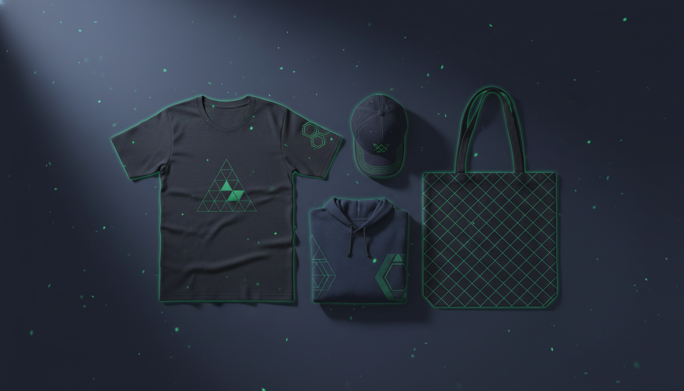 AI-generated branded apparel flat lay with t-shirt, hoodie, cap and tote bag on a dark indigo surface