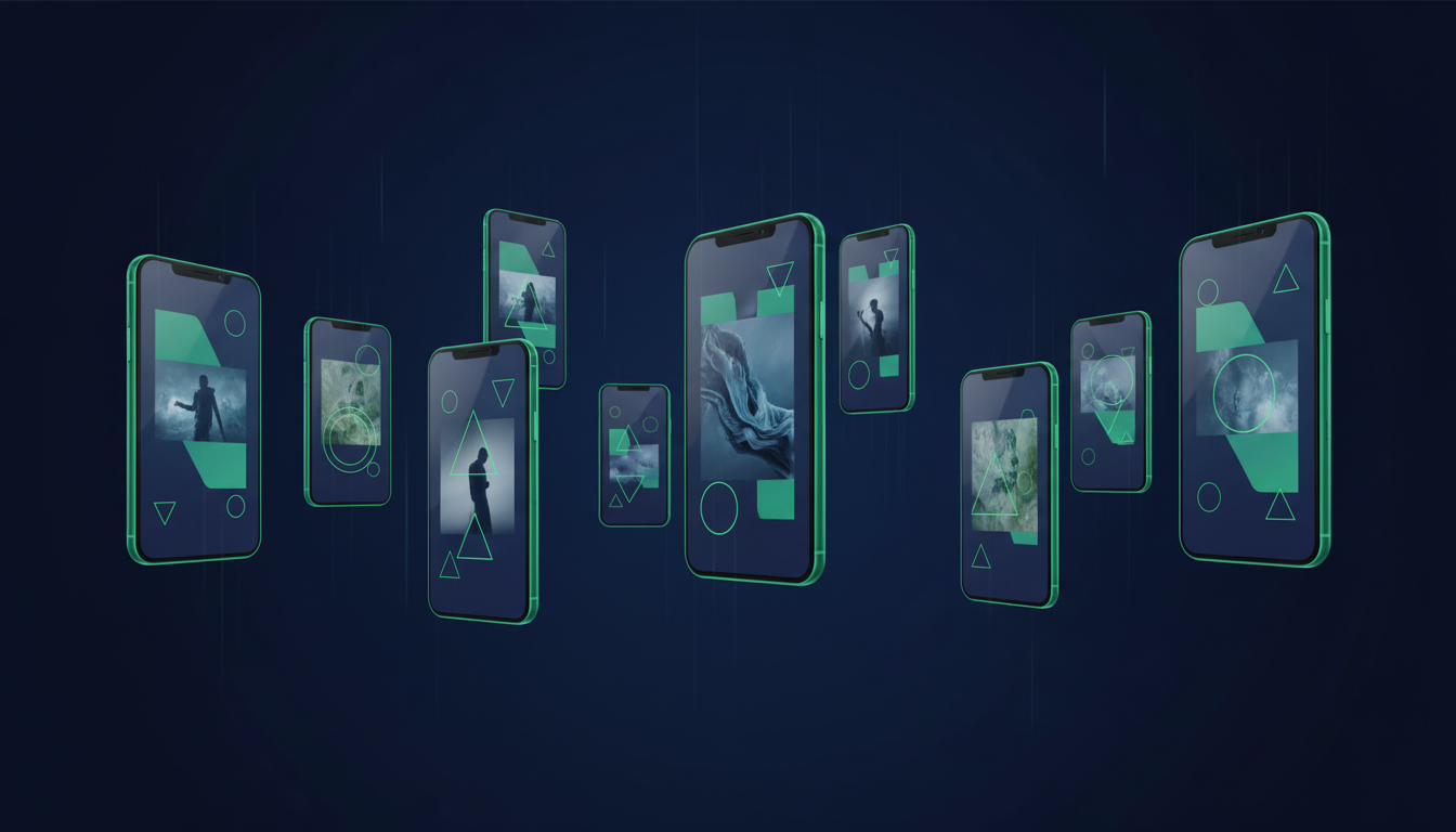 AI-generated row of vertical smartphone screens displaying Instagram-style story content in dark space