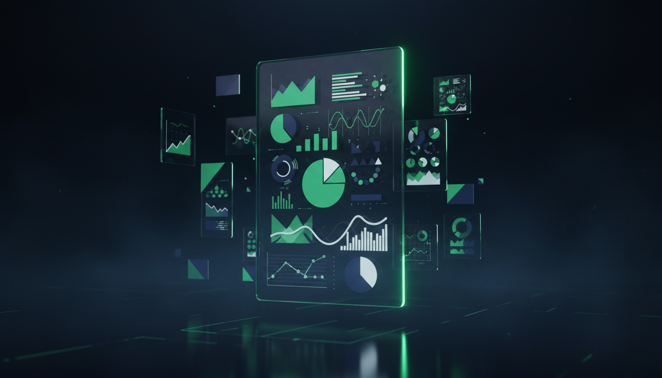 AI-generated tall infographic panel with floating charts and graphs in emerald green and indigo tones