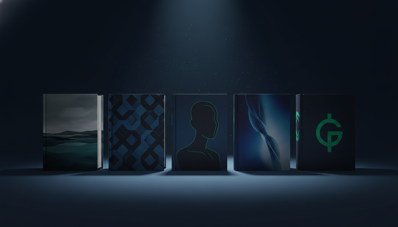 AI-generated row of premium hardcover books with abstract artwork covers under cinematic spotlight