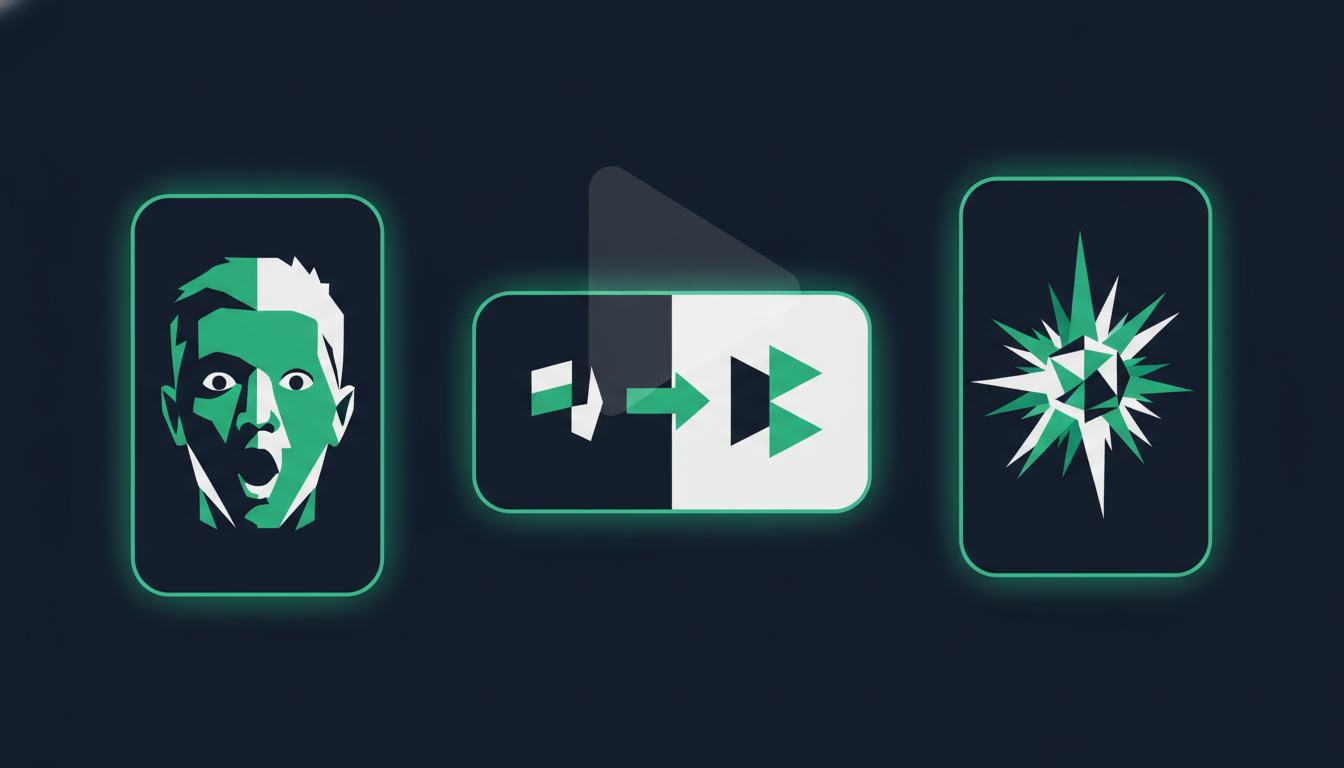 AI-generated high-CTR YouTube thumbnail compositions with bold faces and graphic elements in emerald and white