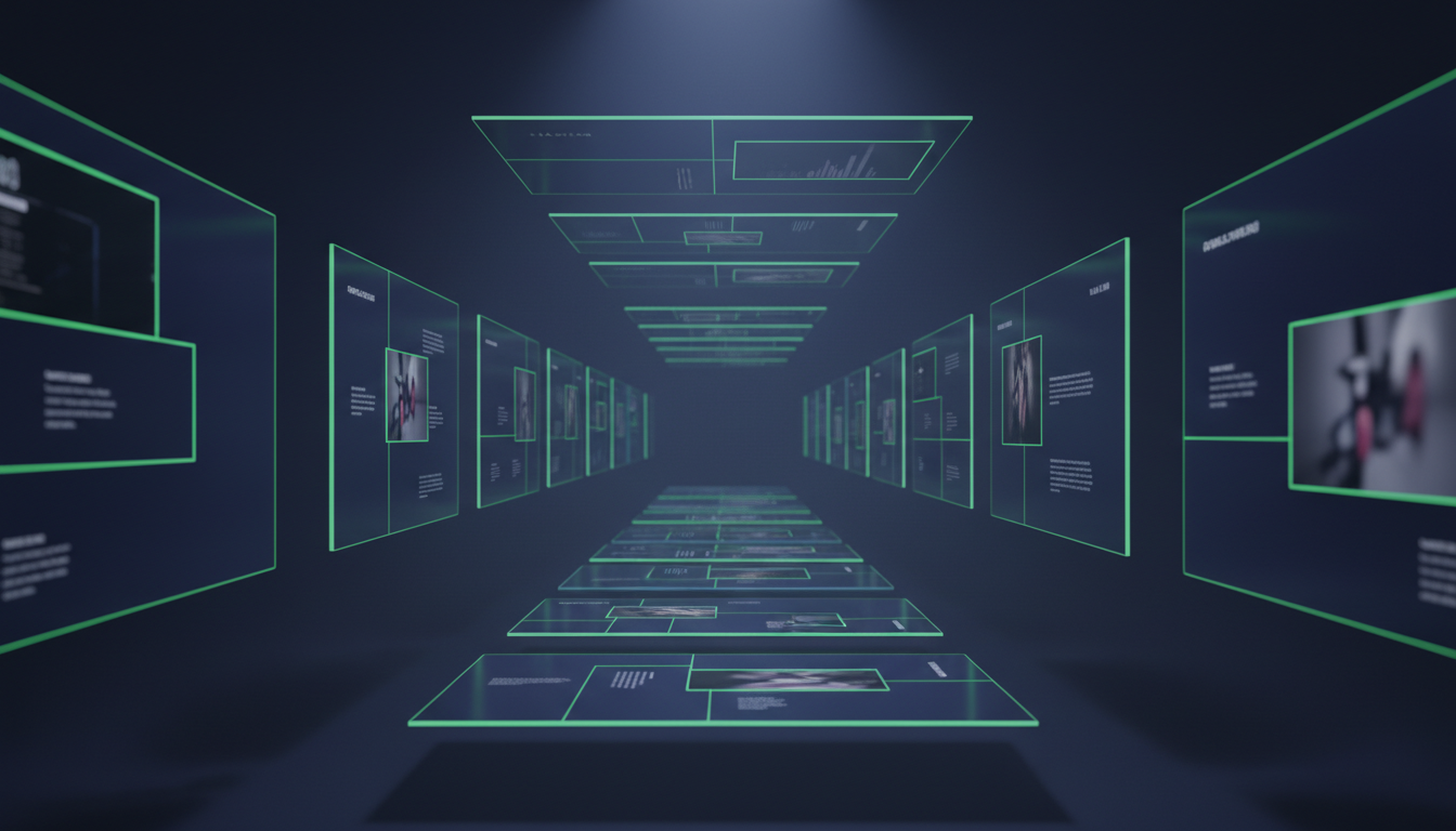 AI-generated cascade of widescreen presentation slide cards floating in a dark cinematic space with green outlines