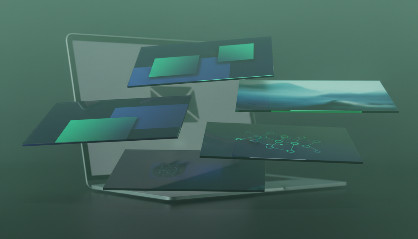 AI-generated stack of newsletter email header banners floating above a stylized laptop in emerald-toned haze