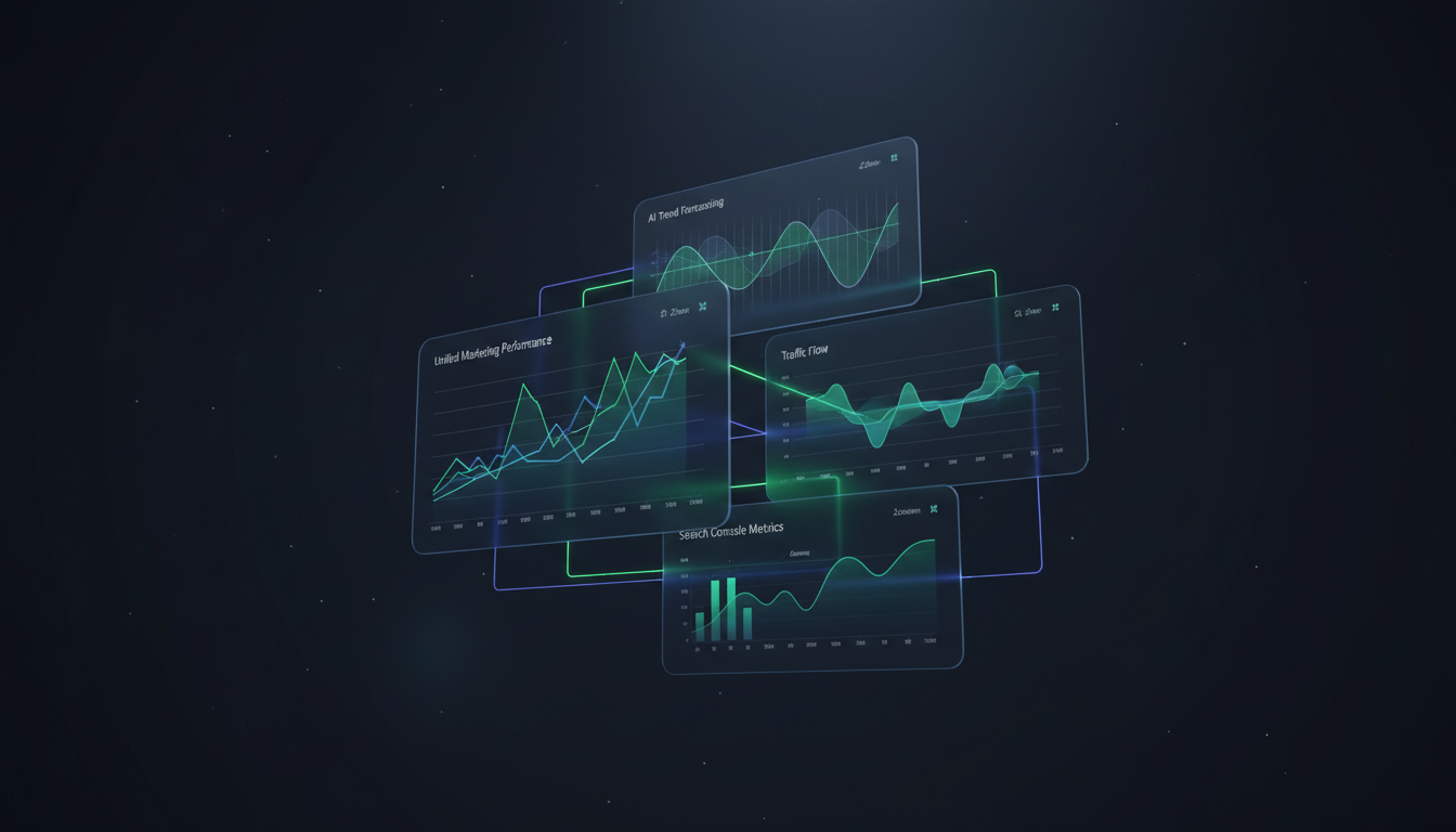 Unified analytics dashboard with GA4 traffic, Search Console metrics, and AI trend forecasting in cinematic dark style