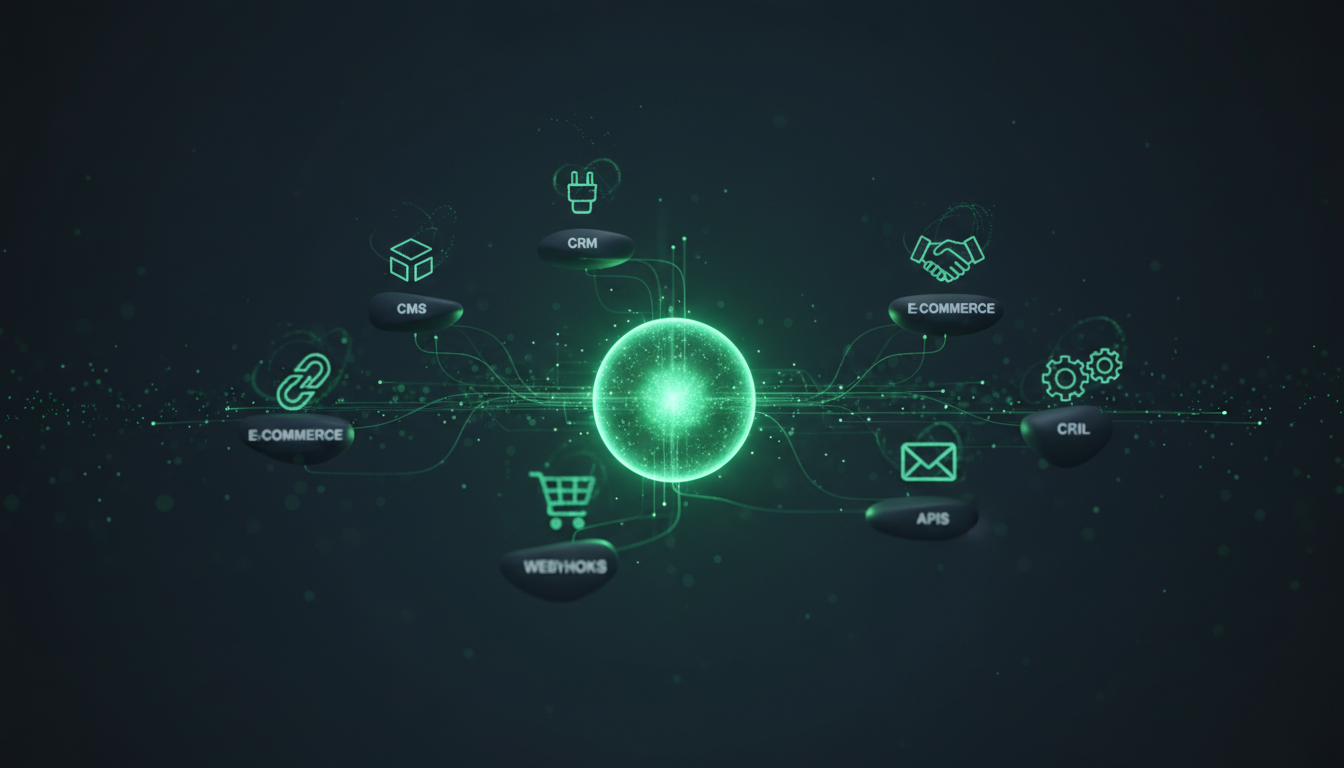 Integration hub with a glowing central orb pulsing emerald light, connected to CMS, e-commerce, CRM, email, and webhook nodes